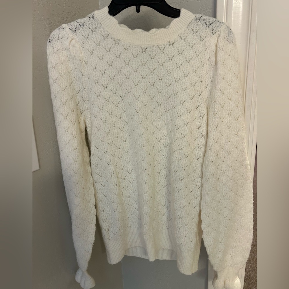 LOFT White Crew Neck Sweater with Textured Knit Design